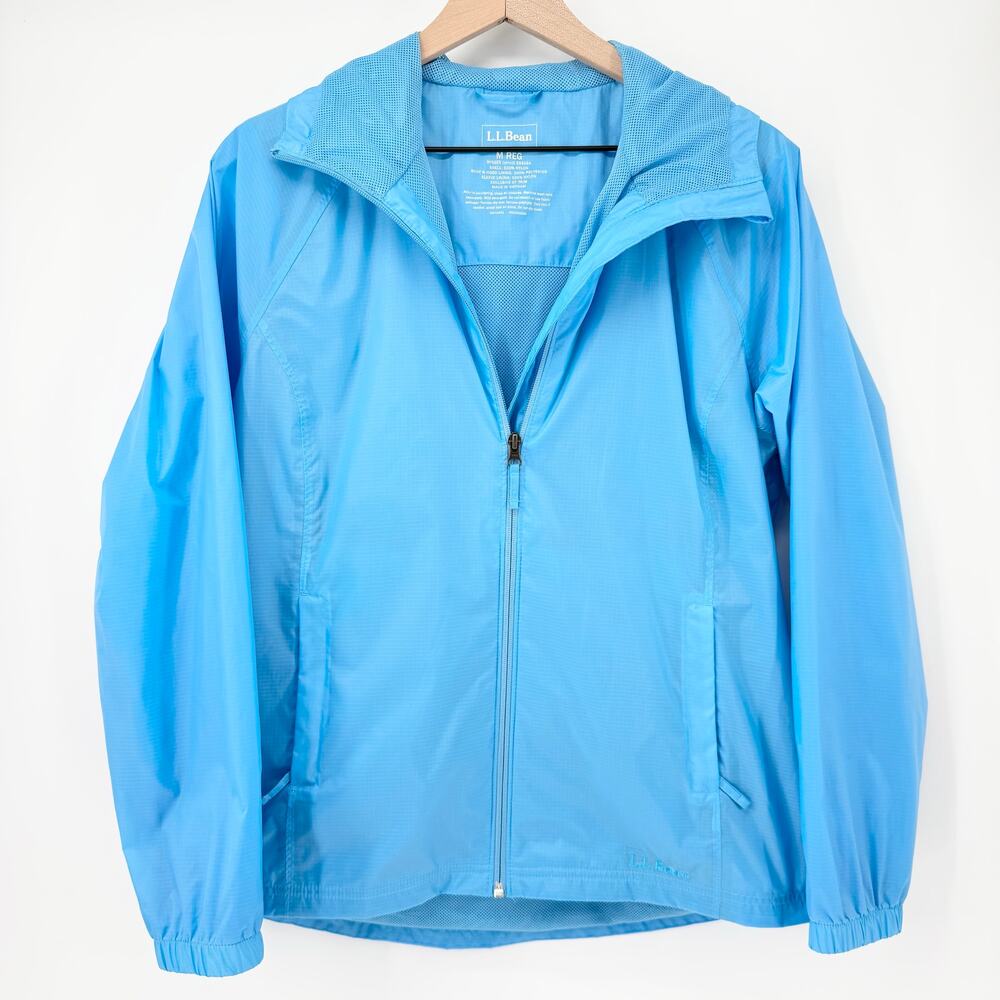 L.L.Bean Women’s Medium Blue Hooded Windbreaker Hiking Travel Jacket Shell